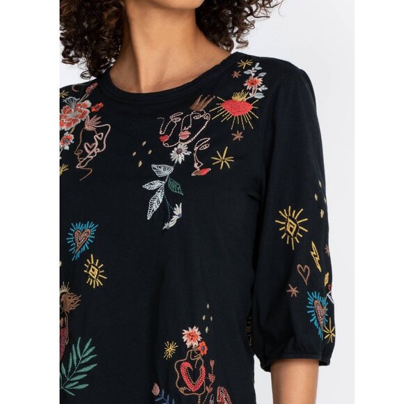 Johnny Was Ruth Puff Sleeve Floral Embroidered Tee Cotton Shirt Black Top NEW - Picture 4 of 7